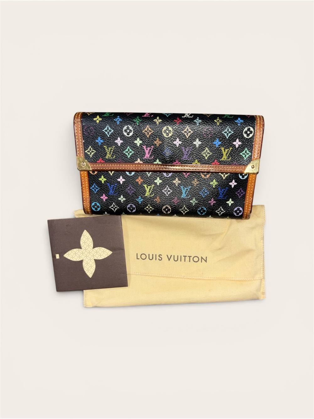Louis Vuitton Black Multicolor Monogram Trifold Wallet with Brown Trim